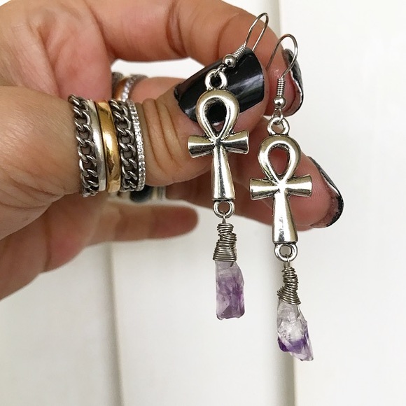 Amethyst silver plated ankh crosses earrings - Picture 2 of 8